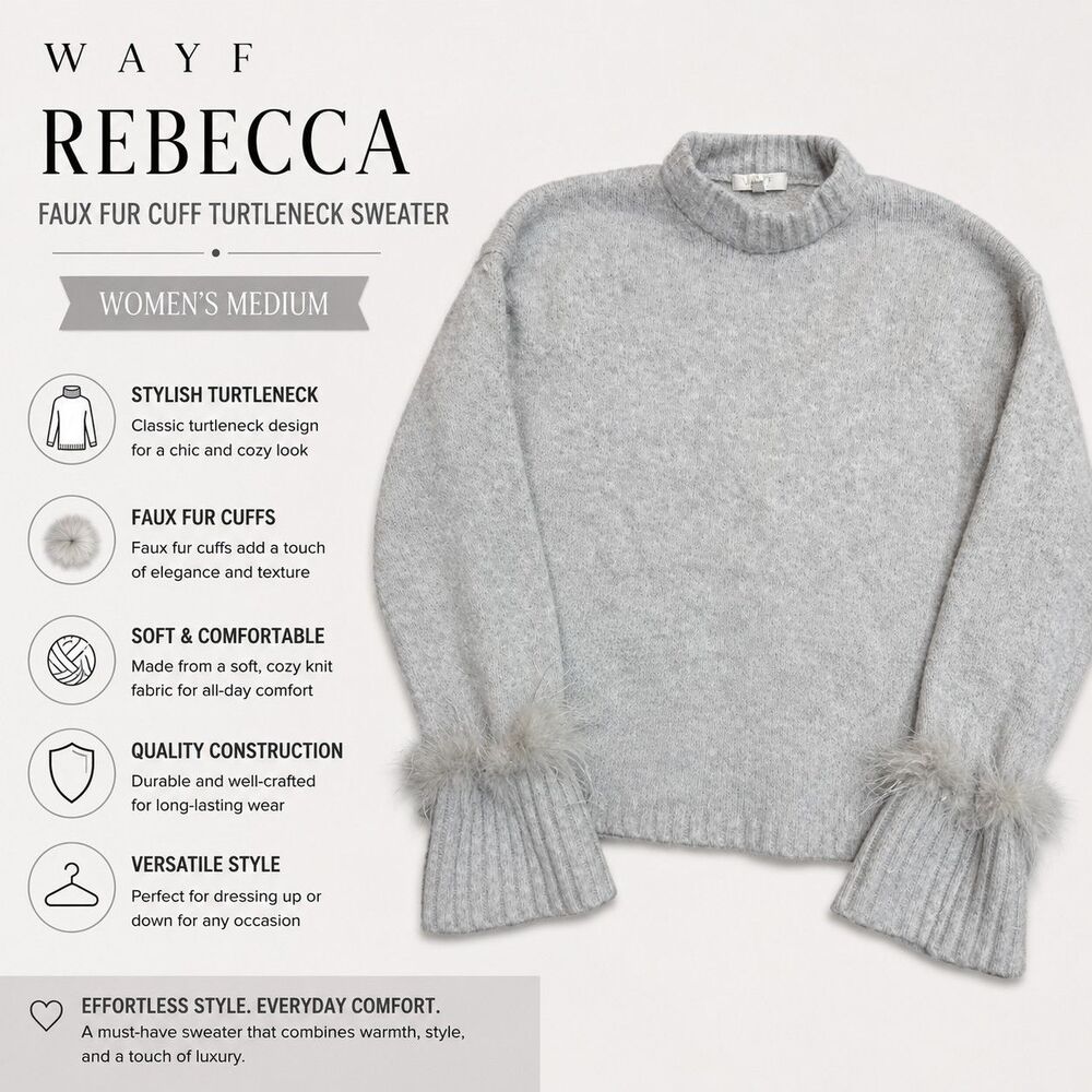 WAYF Rebecca Faux Fur Cuff Turtleneck Sweater Gray Women's Medium